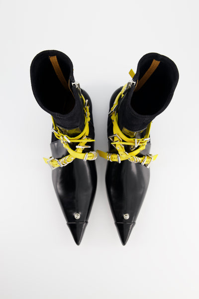 1309SR copy botte en cuir pointue avec harnais en cuir jaune et noir créateur Italie