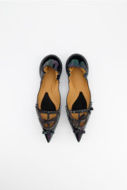 1309SR Ballerine ajourée noir pétrole en cuir nouée à la main artisanale créateur