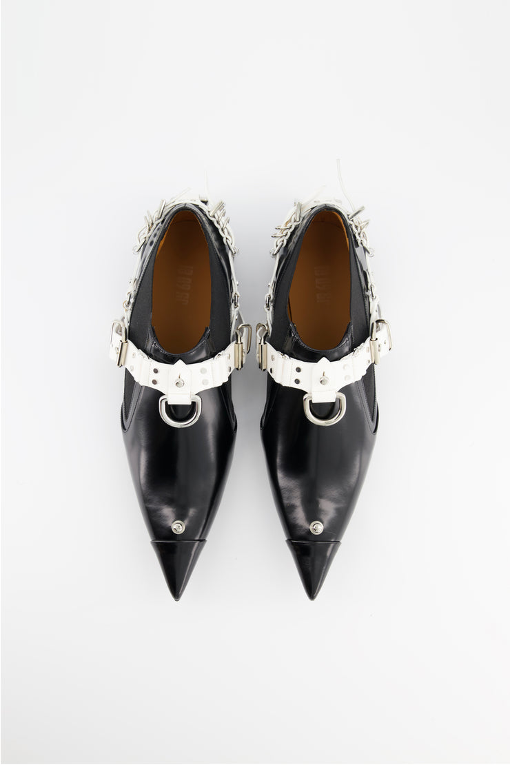 1309SR Low boots / botte  en cuir noir et blanc avec anneaux et boucles créateur Italie