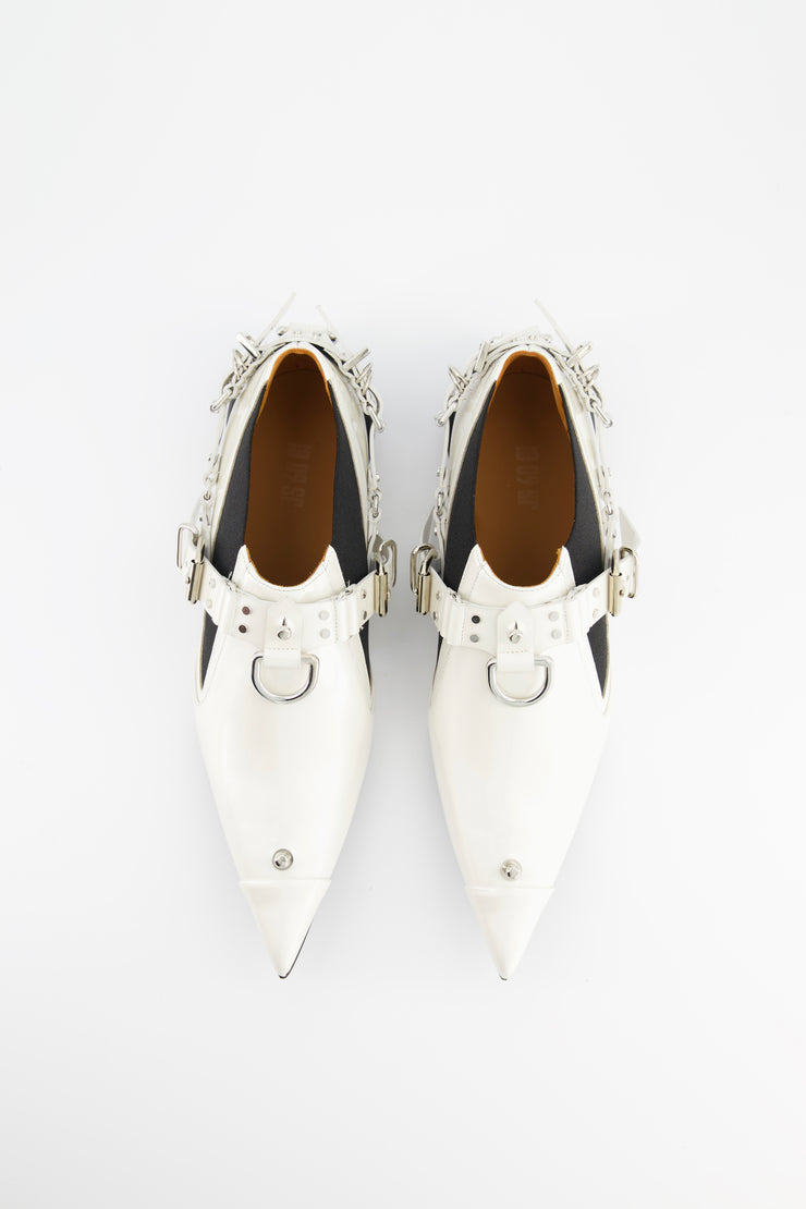 1309SR Low boots / botte blanche en cuir blanc avec anneaux et boucles créateur Italie